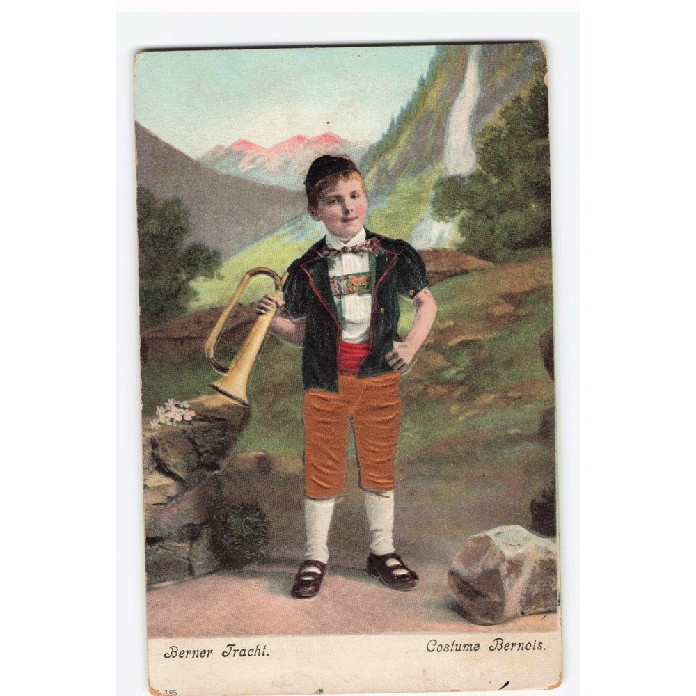 Antique 1909 Berner Tracht Swiss Costume Postcard Boy with Horn Mountain Scene